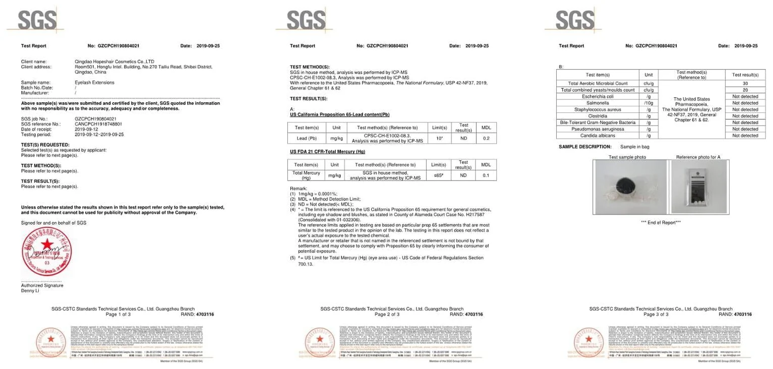 Informe de pruebas SGS de las extensiones de pestañas LashPlus — Prop 65 de EE. UU. (plomo) y FDA de EE. UU. (mercurio total): No Detectado, panel microbiano dentro de los límites de la USP