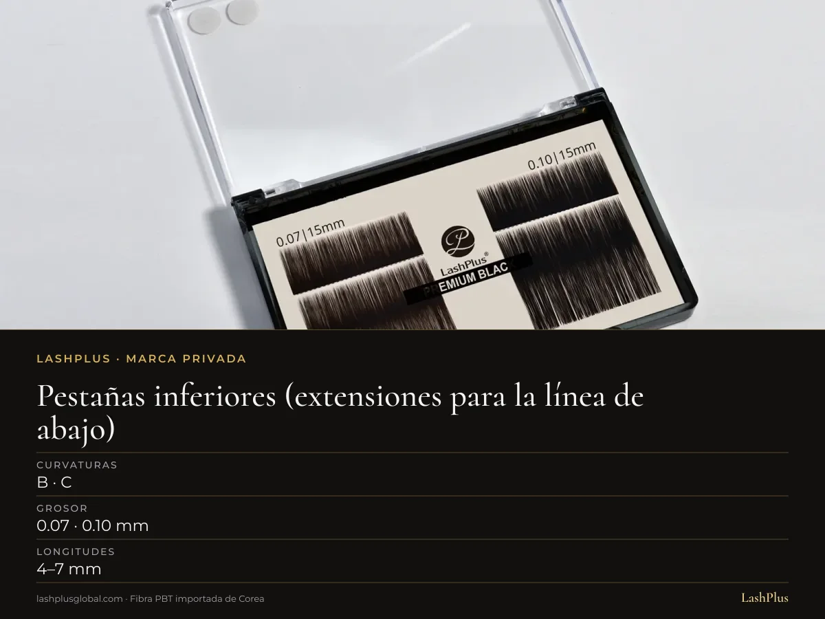 Bandeja LashPlus de extensiones de pestañas inferiores: B · C curvatura, 0.07 · 0.10 mm, 4–7 mm